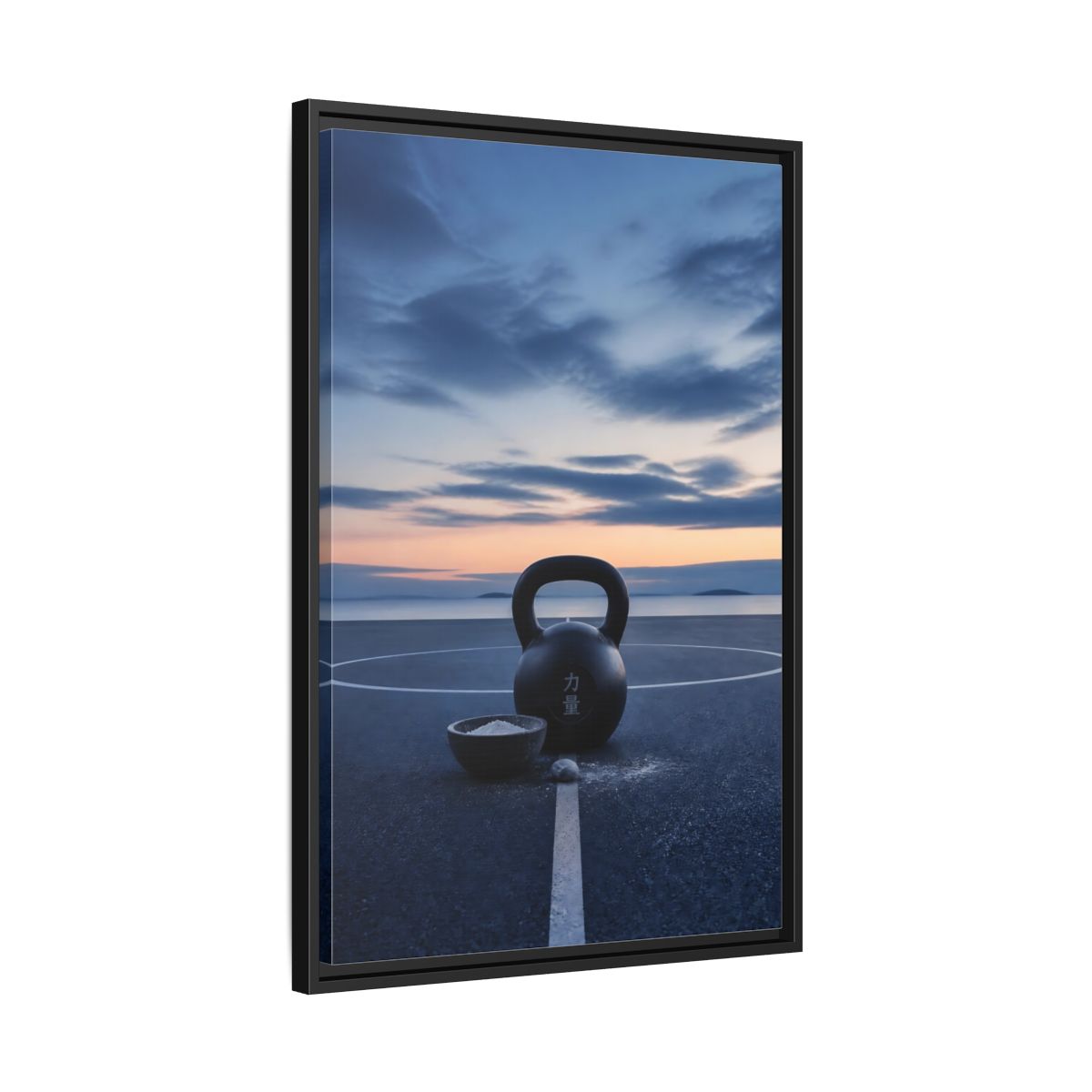 Side Mockup 14. Kettlebell At Dusk shown as framed canvas print
