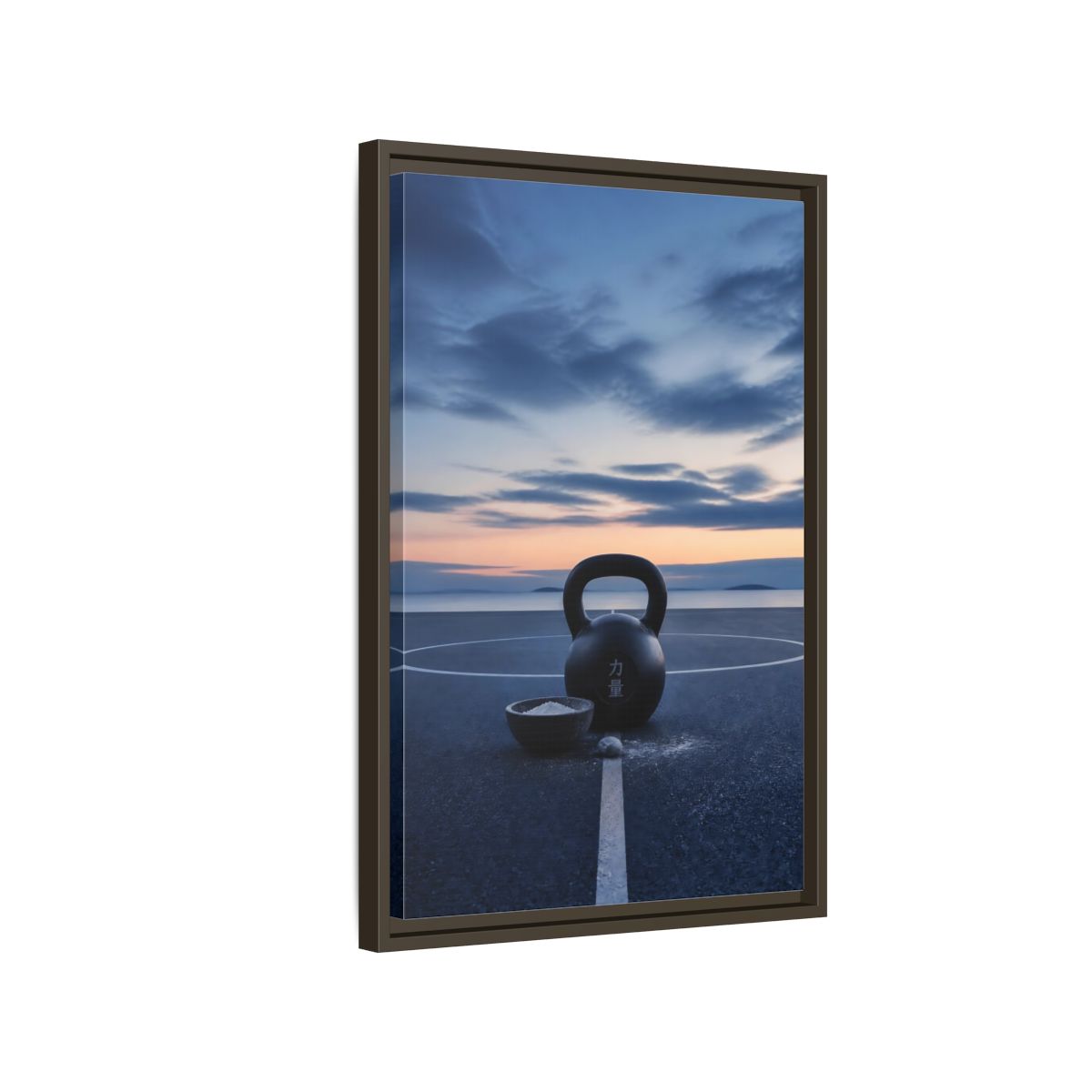 Side Mockup 2. Kettlebell At Dusk shown as framed canvas print