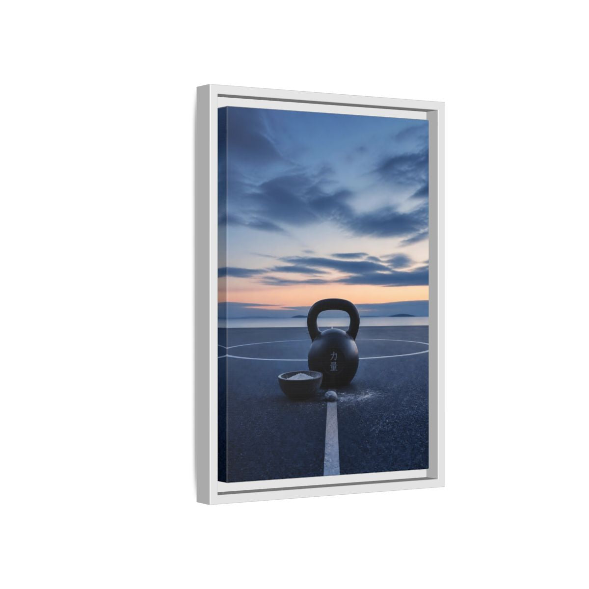 Side Mockup 4. Kettlebell At Dusk shown as framed canvas print