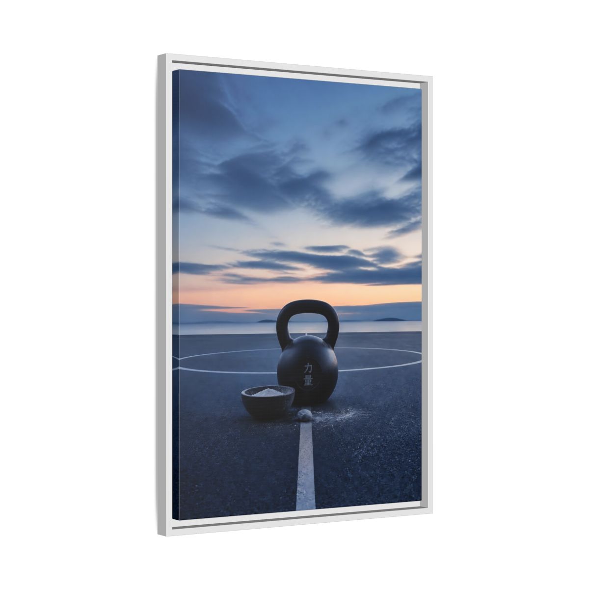 Side Mockup 10. Kettlebell At Dusk shown as framed canvas print