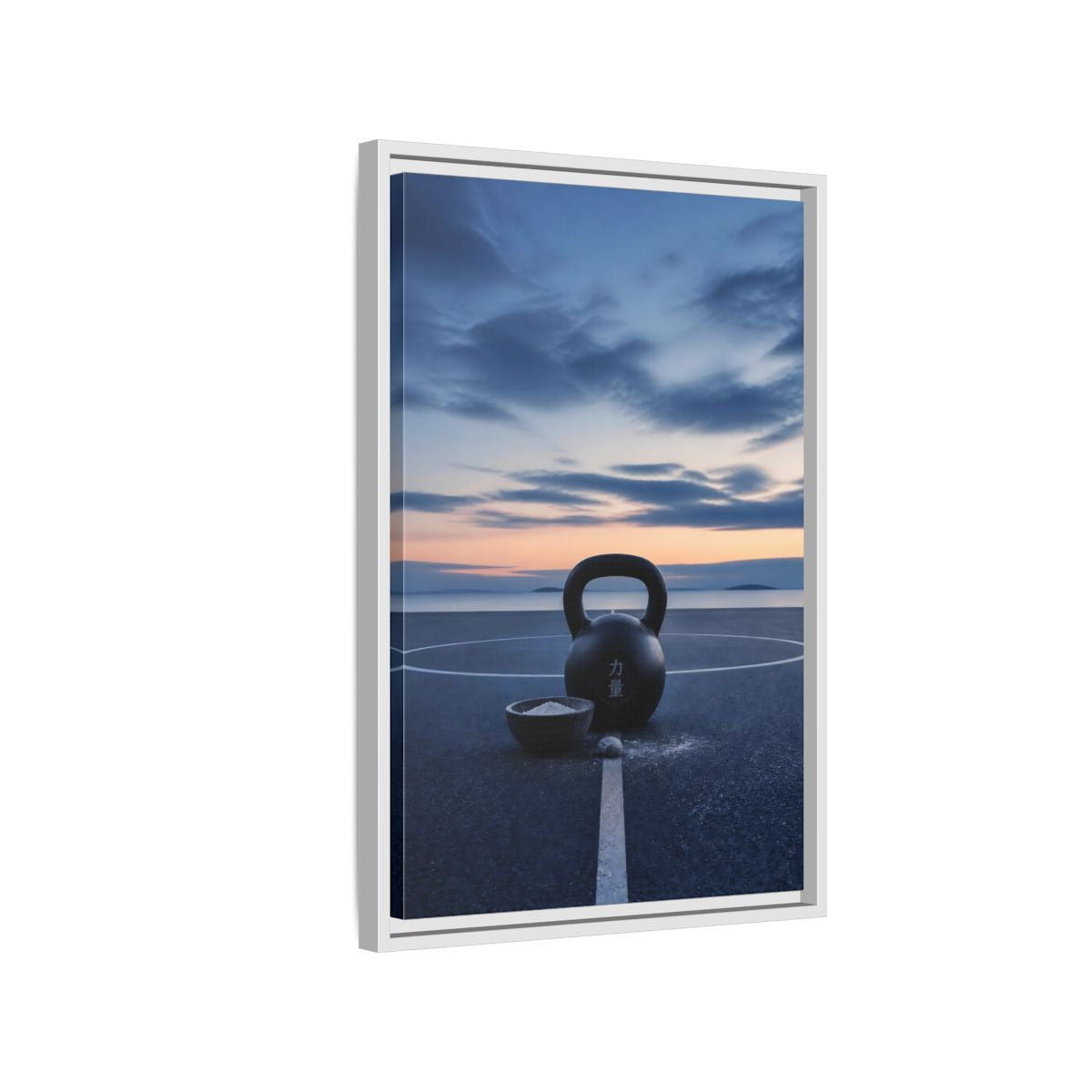 Side Mockup 1. Kettlebell At Dusk shown as framed canvas print