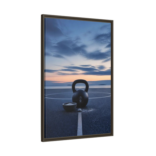Main Mockup. Kettlebell At Dusk shown as framed canvas print