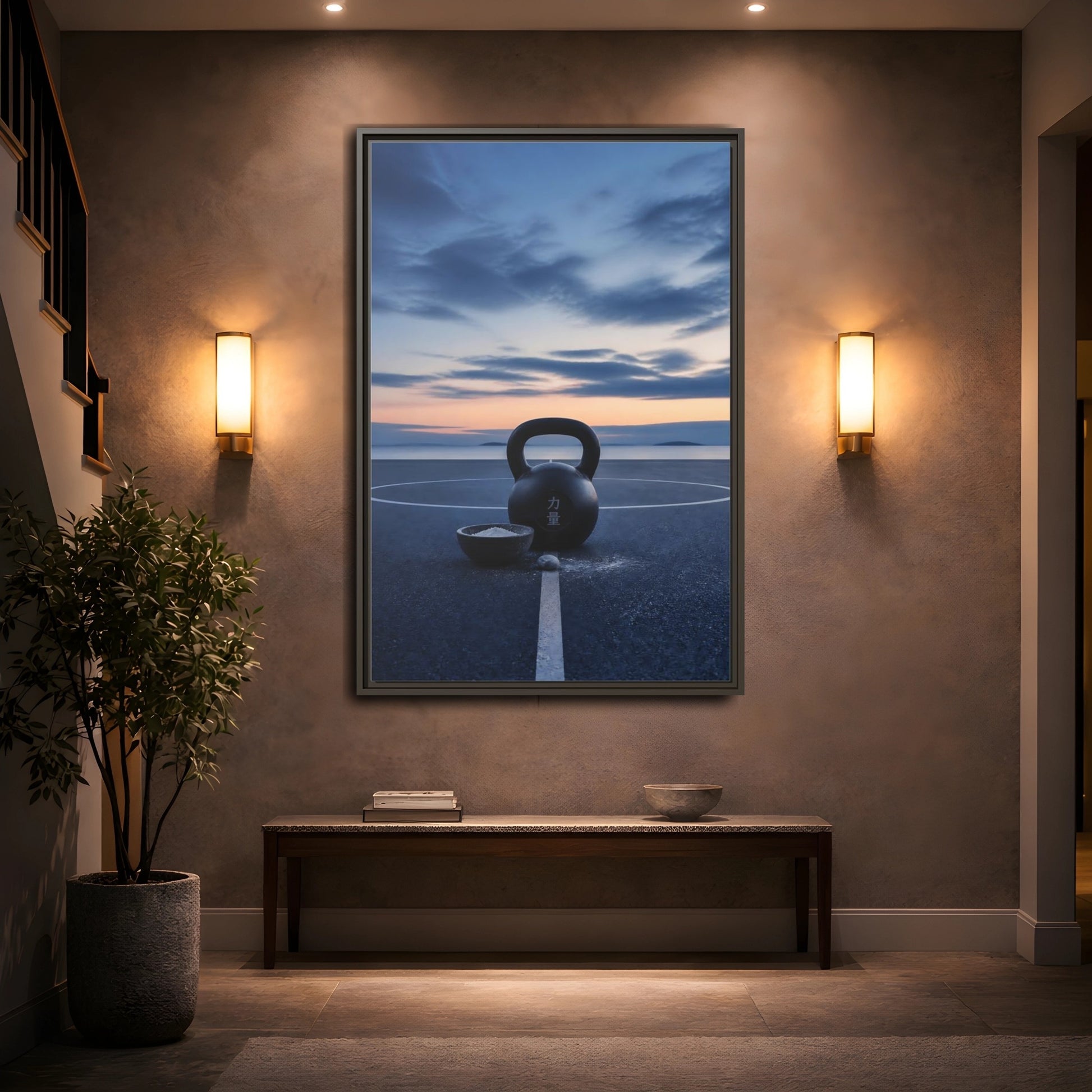 Mockup 2. Kettlebell At Dusk shown as framed canvas print