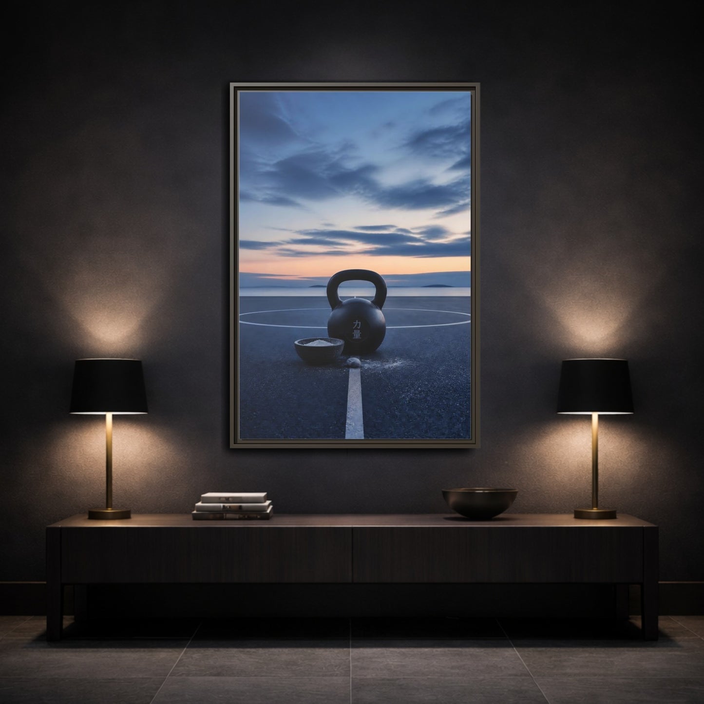 Mockup 3. Kettlebell At Dusk shown as framed canvas print