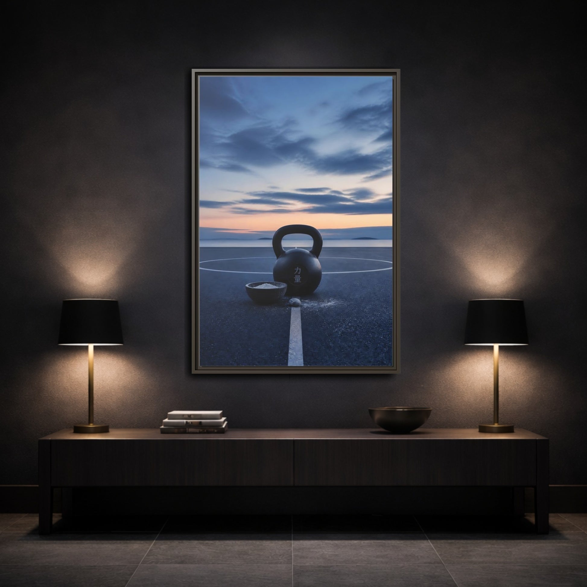 Mockup 3. Kettlebell At Dusk shown as framed canvas print