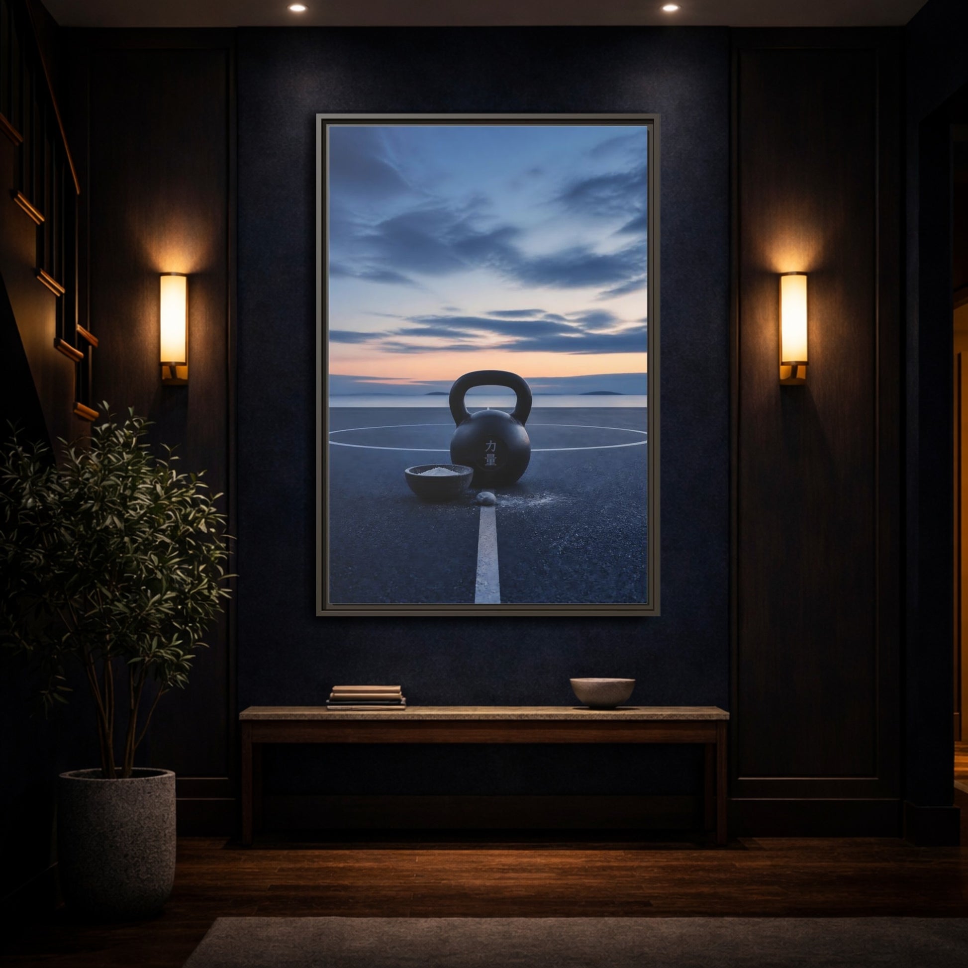 Mockup 4. Kettlebell At Dusk shown as framed canvas print