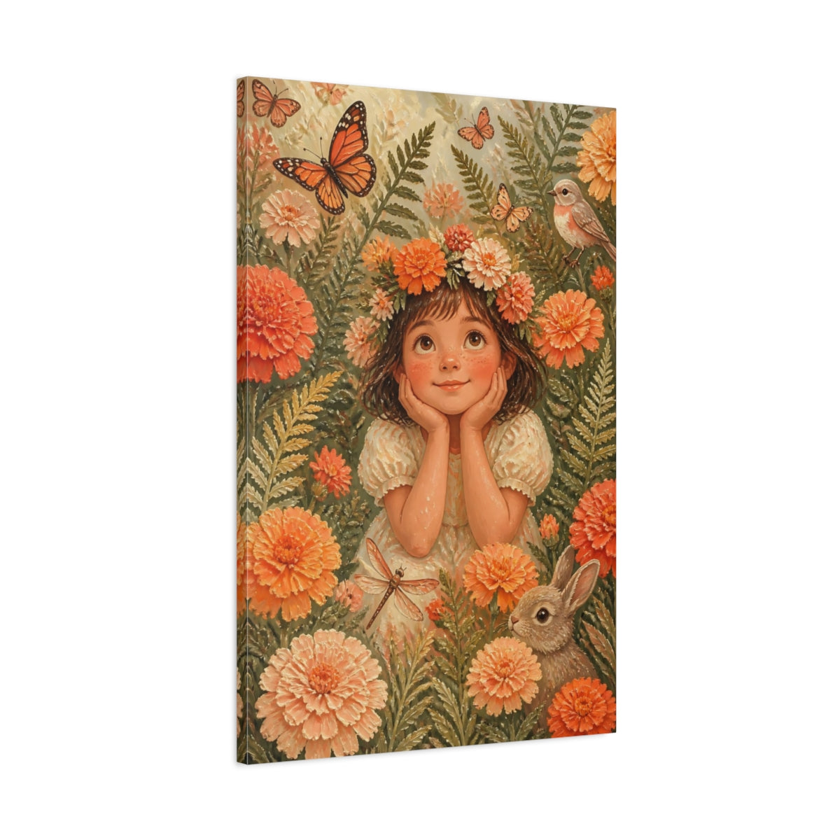 Main Mockup. Kids Girl Among Marigolds shown as canvas print