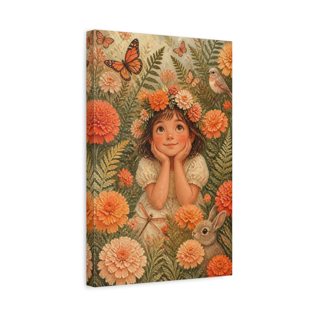 Side Mockup 4. Kids Girl Among Marigolds shown as canvas print