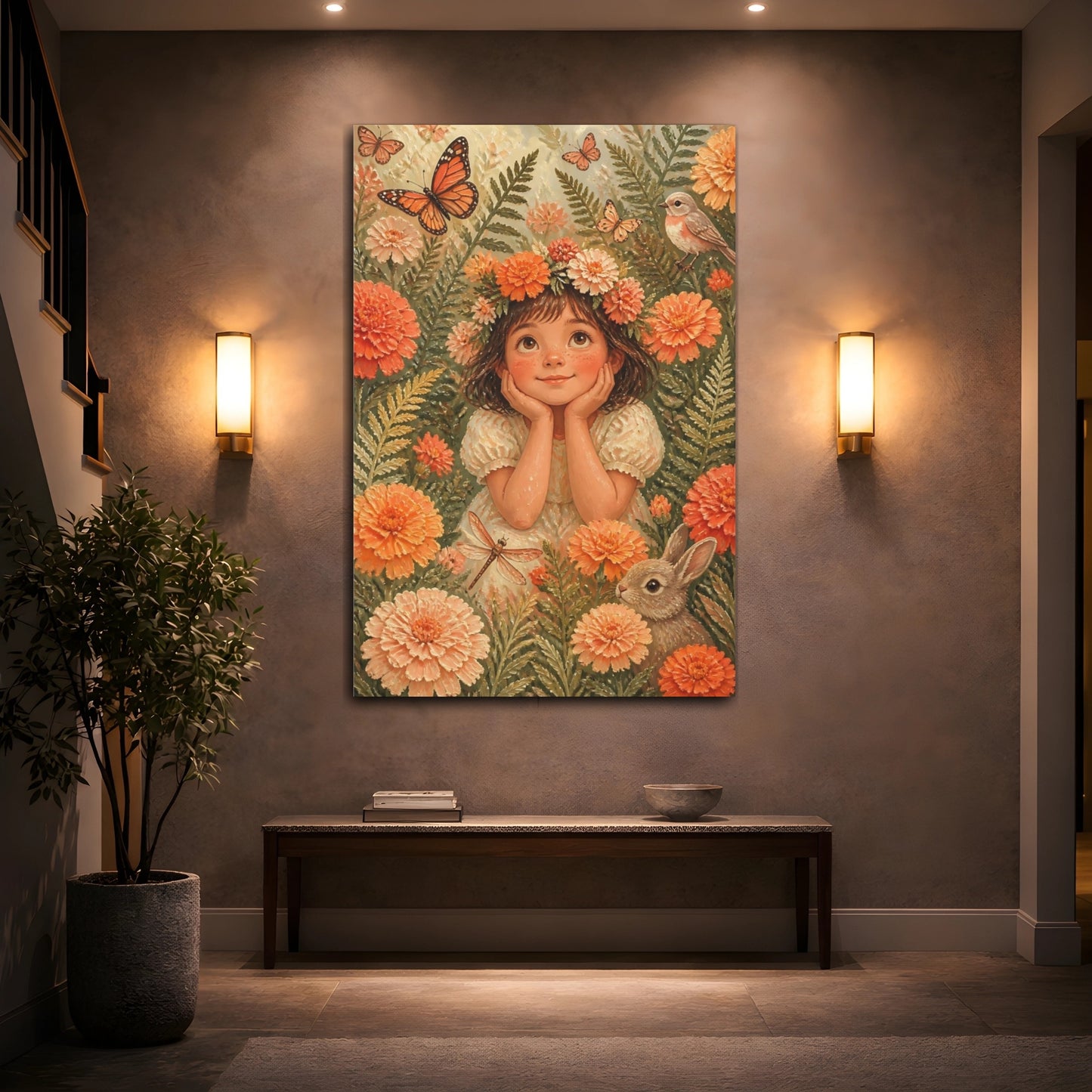 Mockup 2. Kids Girl Among Marigolds shown as canvas print
