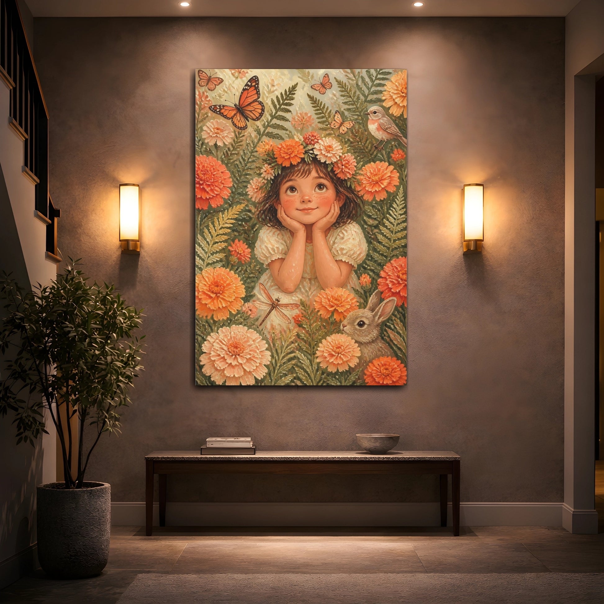 Mockup 2. Kids Girl Among Marigolds shown as canvas print