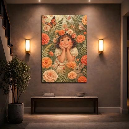 Mockup 2. Kids Girl Among Marigolds shown as canvas print