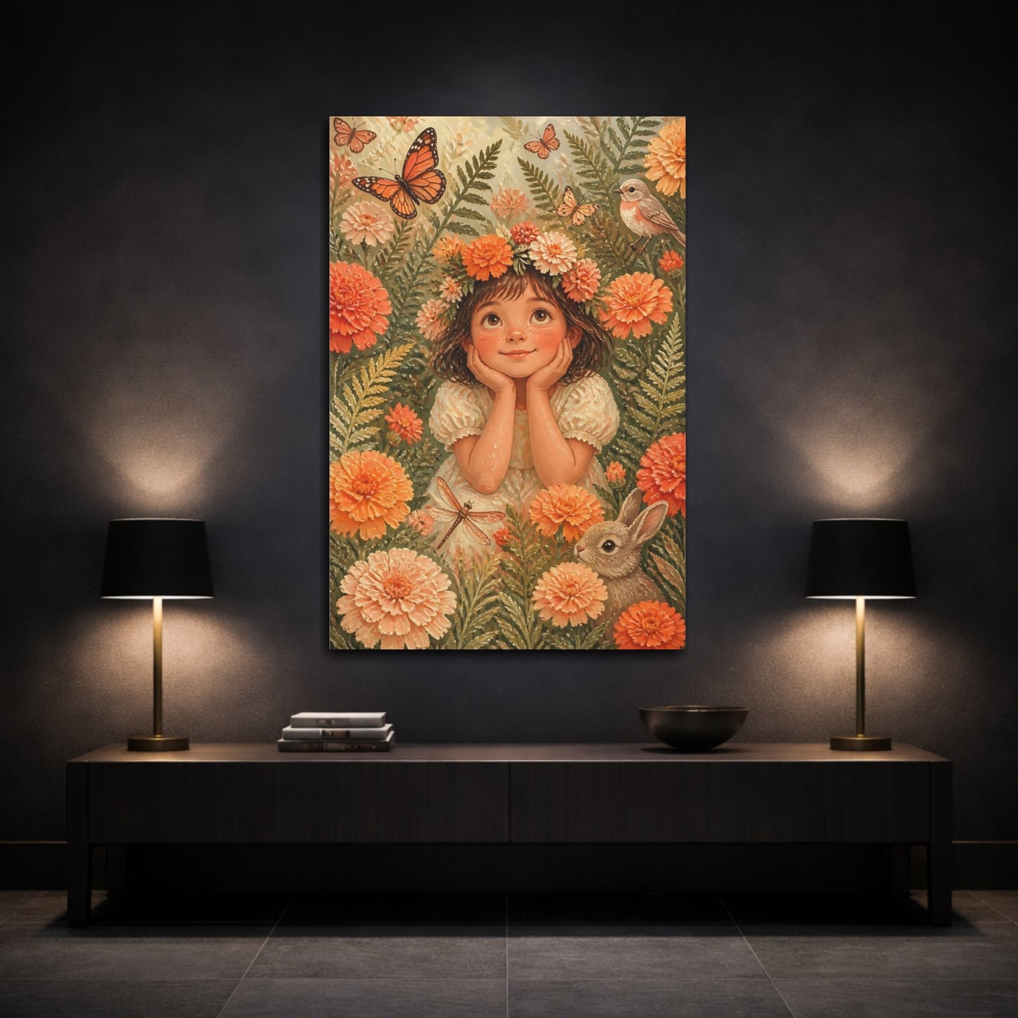 Mockup 3. Kids Girl Among Marigolds shown as canvas print