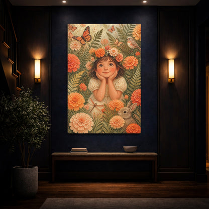 Mockup 4. Kids Girl Among Marigolds shown as canvas print