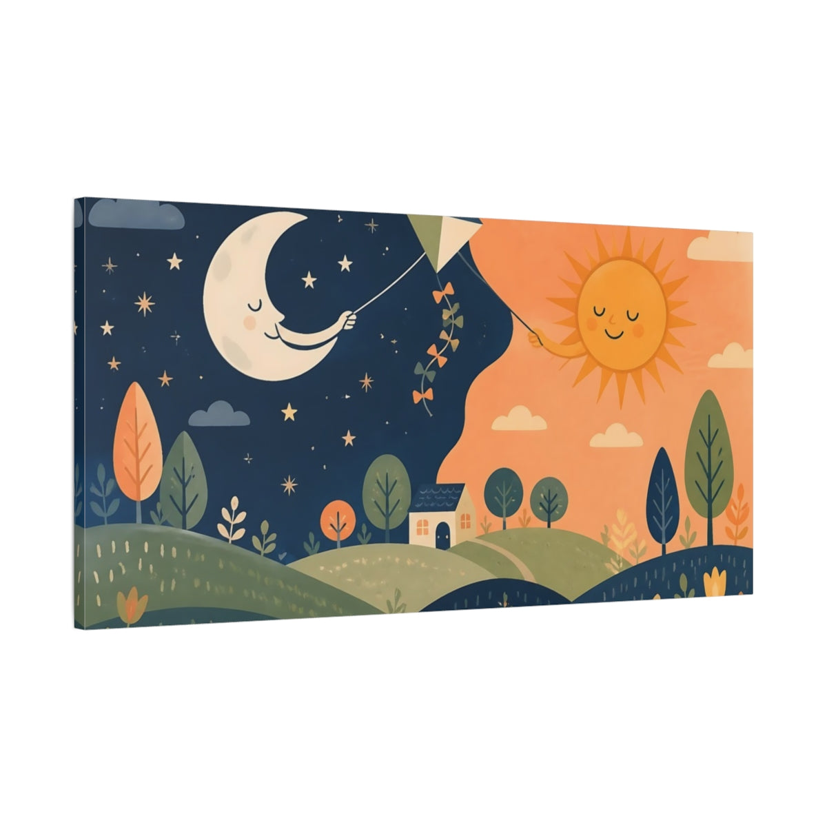 Main Mockup. Kids Moon And Sun Kite shown as canvas print