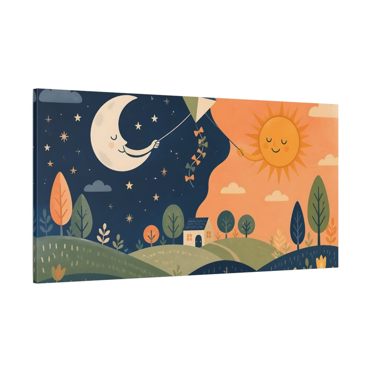Side Mockup 2. Kids Moon And Sun Kite shown as canvas print