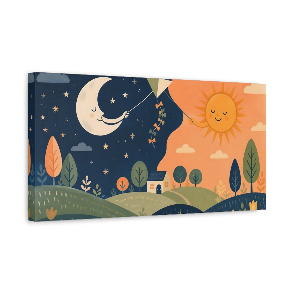 Side Mockup 3. Kids Moon And Sun Kite shown as canvas print