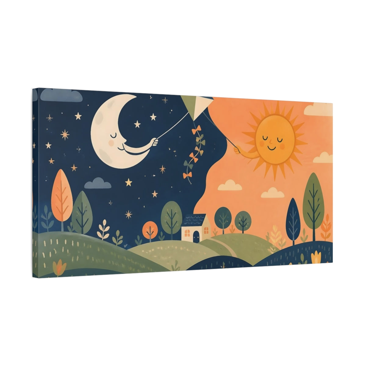 Side Mockup 1. Kids Moon And Sun Kite shown as canvas print