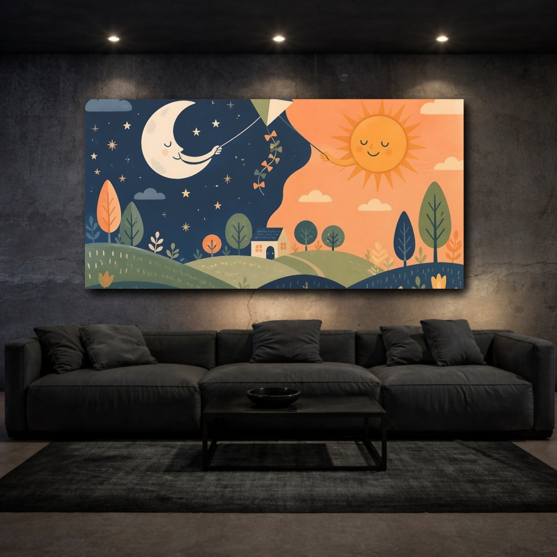 Mockup 3. Kids Moon And Sun Kite shown as canvas print