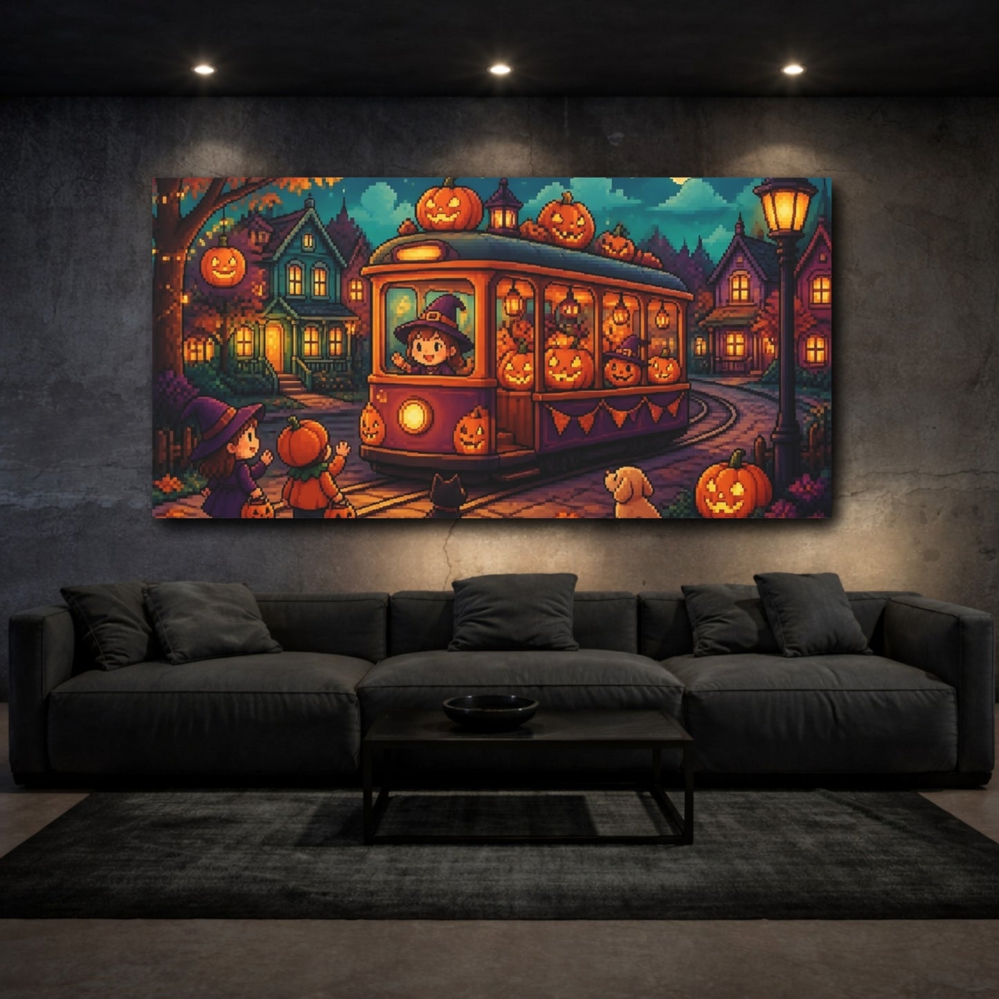 Mockup 3. Kids Pumpkin Tram Ride shown as canvas print