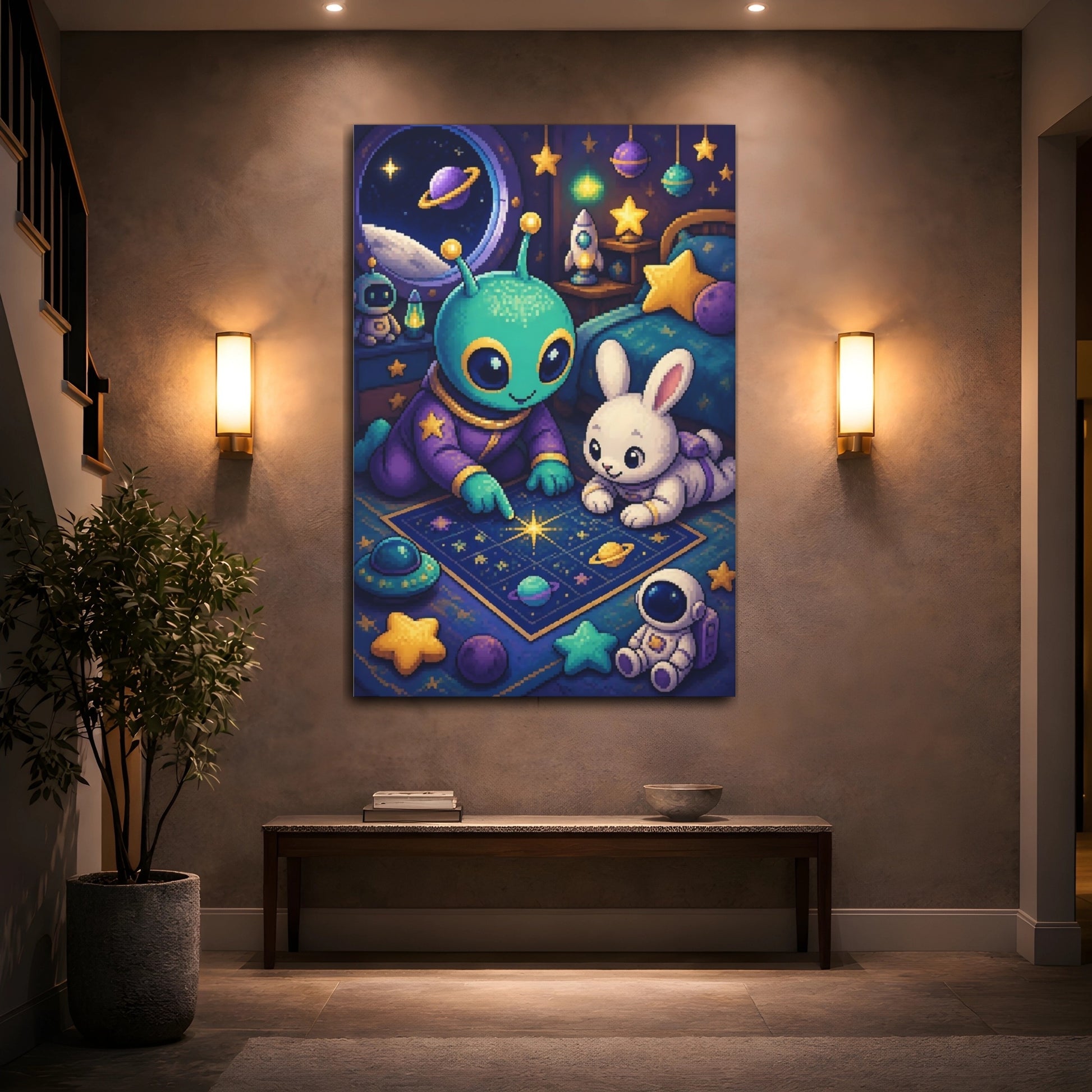 Mockup 2. Kids Room Alien & Bunny shown as canvas print