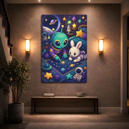 Mockup 2. Kids Room Alien & Bunny shown as canvas print