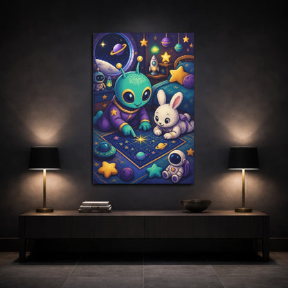 Mockup 3. Kids Room Alien & Bunny shown as canvas print