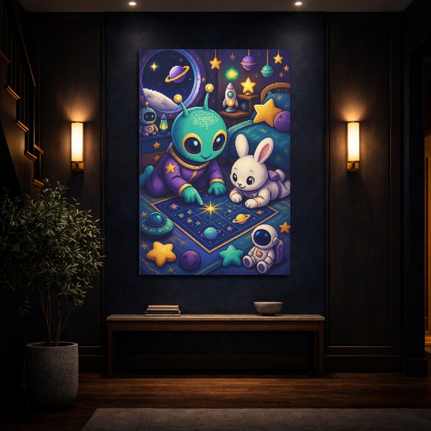 Mockup 4. Kids Room Alien & Bunny shown as canvas print