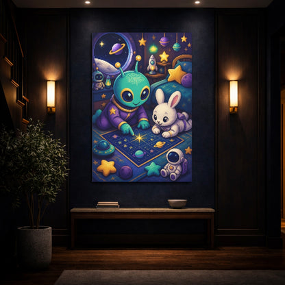 Mockup 4. Kids Room Alien & Bunny shown as canvas print