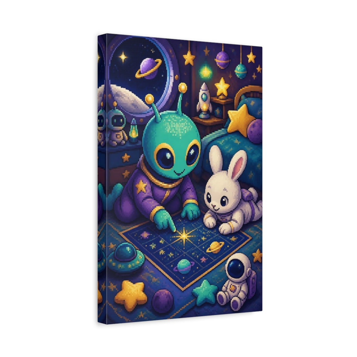 Side Mockup 4. Kids Room Alien & Bunny shown as canvas print