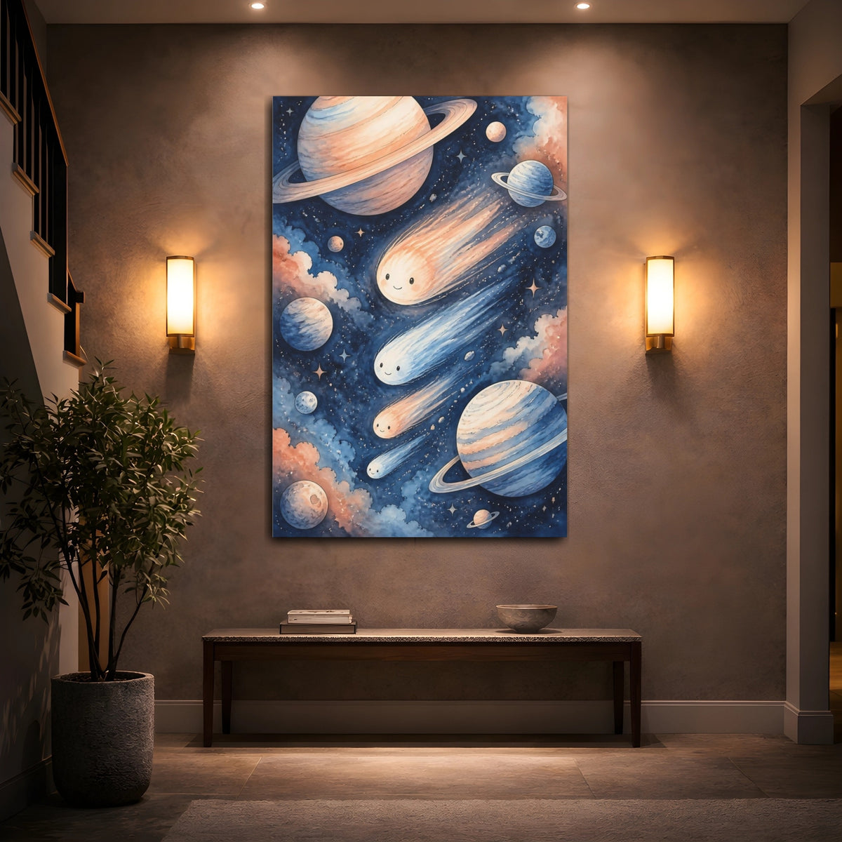 Mockup 2. Kids Room Comet Friends shown as canvas print