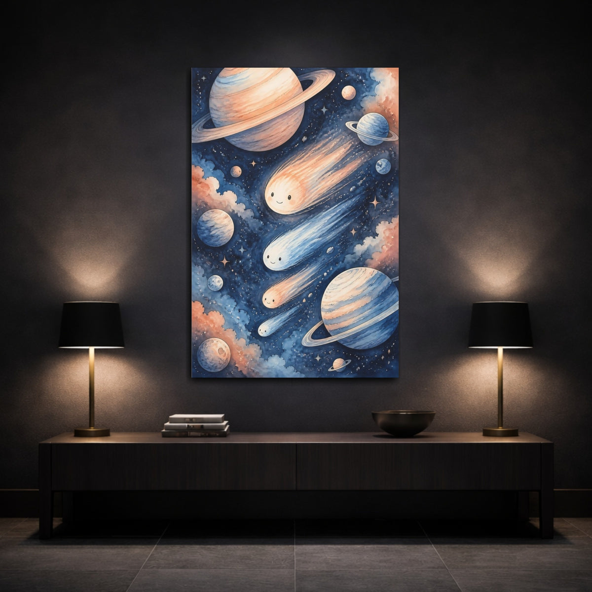 Mockup 3. Kids Room Comet Friends shown as canvas print