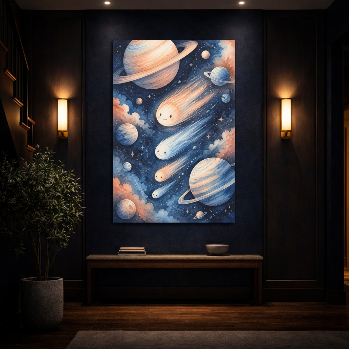 Mockup 4. Kids Room Comet Friends shown as canvas print