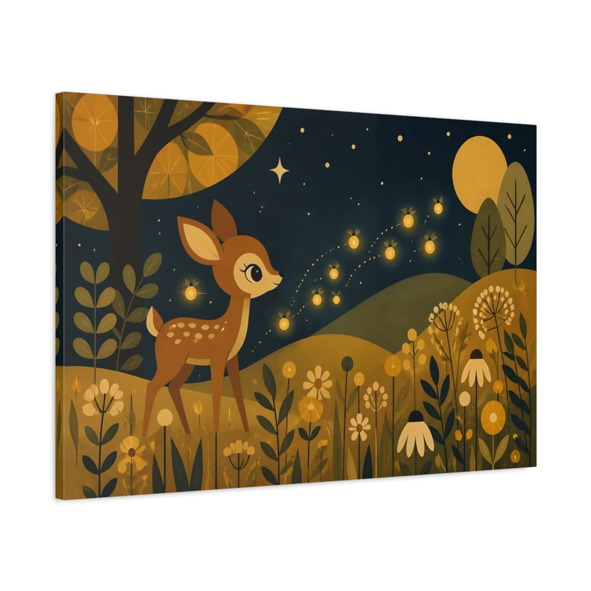 Main Mockup. Kids Room Fawn With Fireflies shown as canvas print