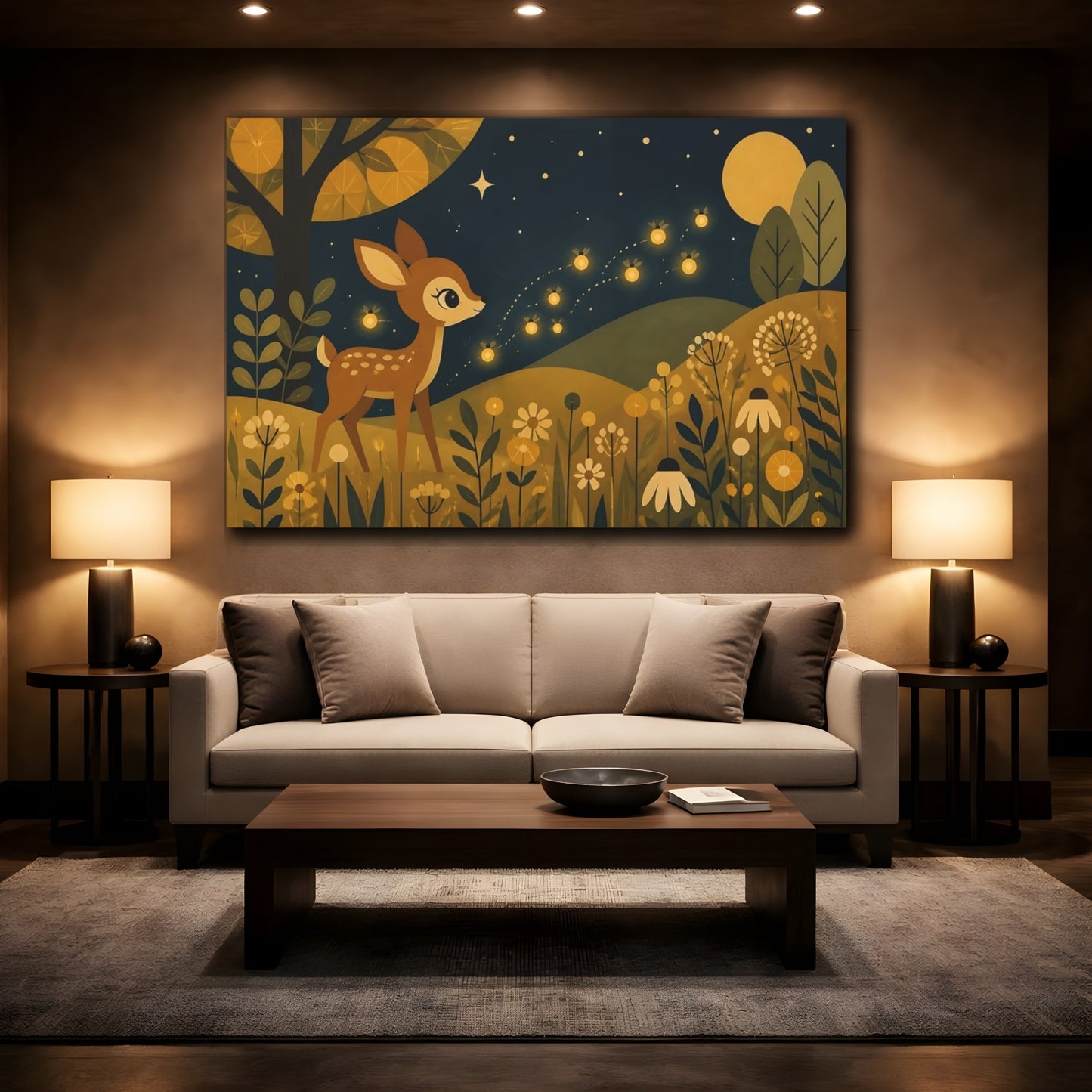 Mockup 2. Kids Room Fawn With Fireflies shown as canvas print