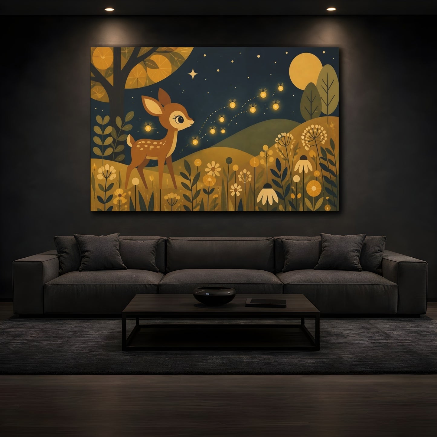 Mockup 3. Kids Room Fawn With Fireflies shown as canvas print