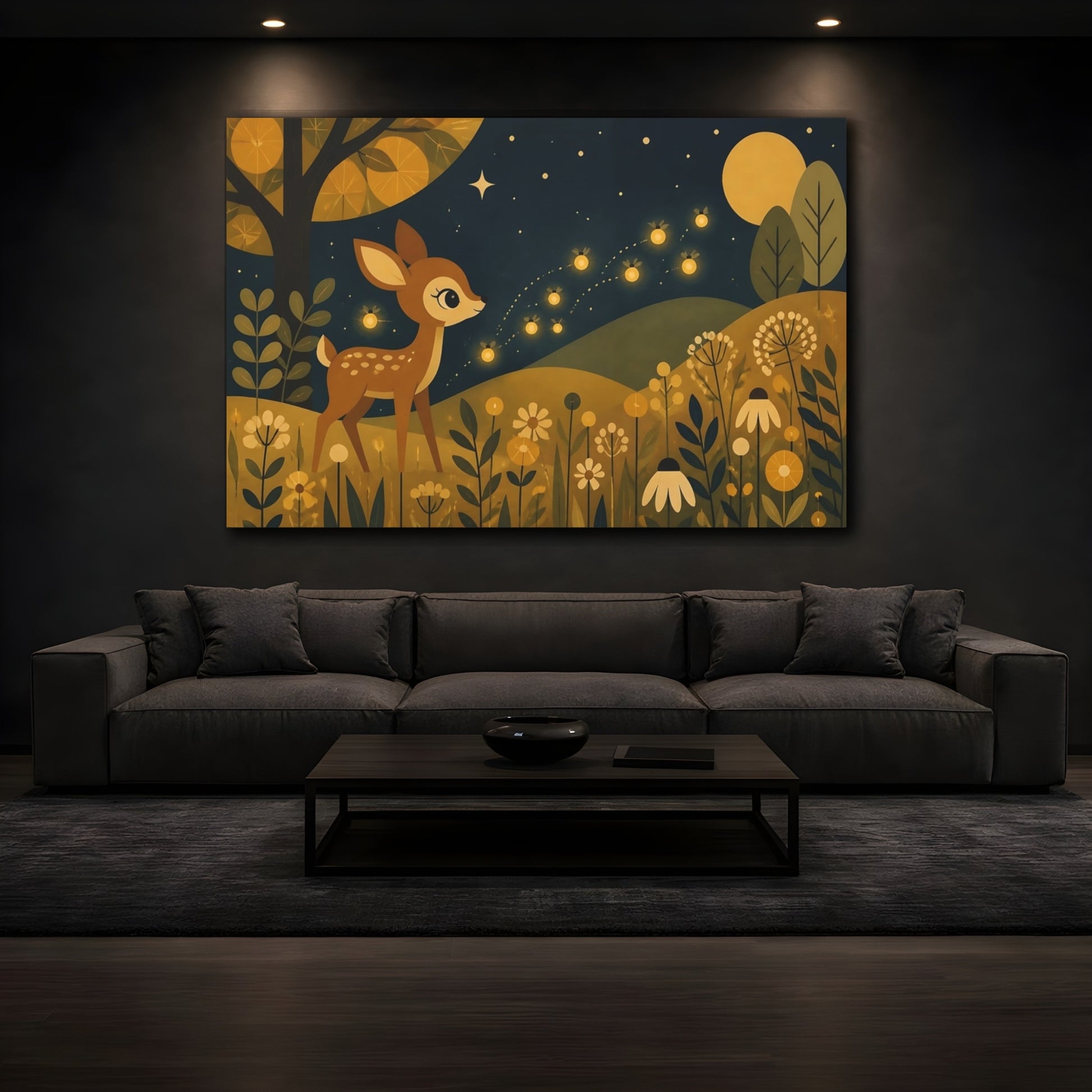 Mockup 3. Kids Room Fawn With Fireflies shown as canvas print