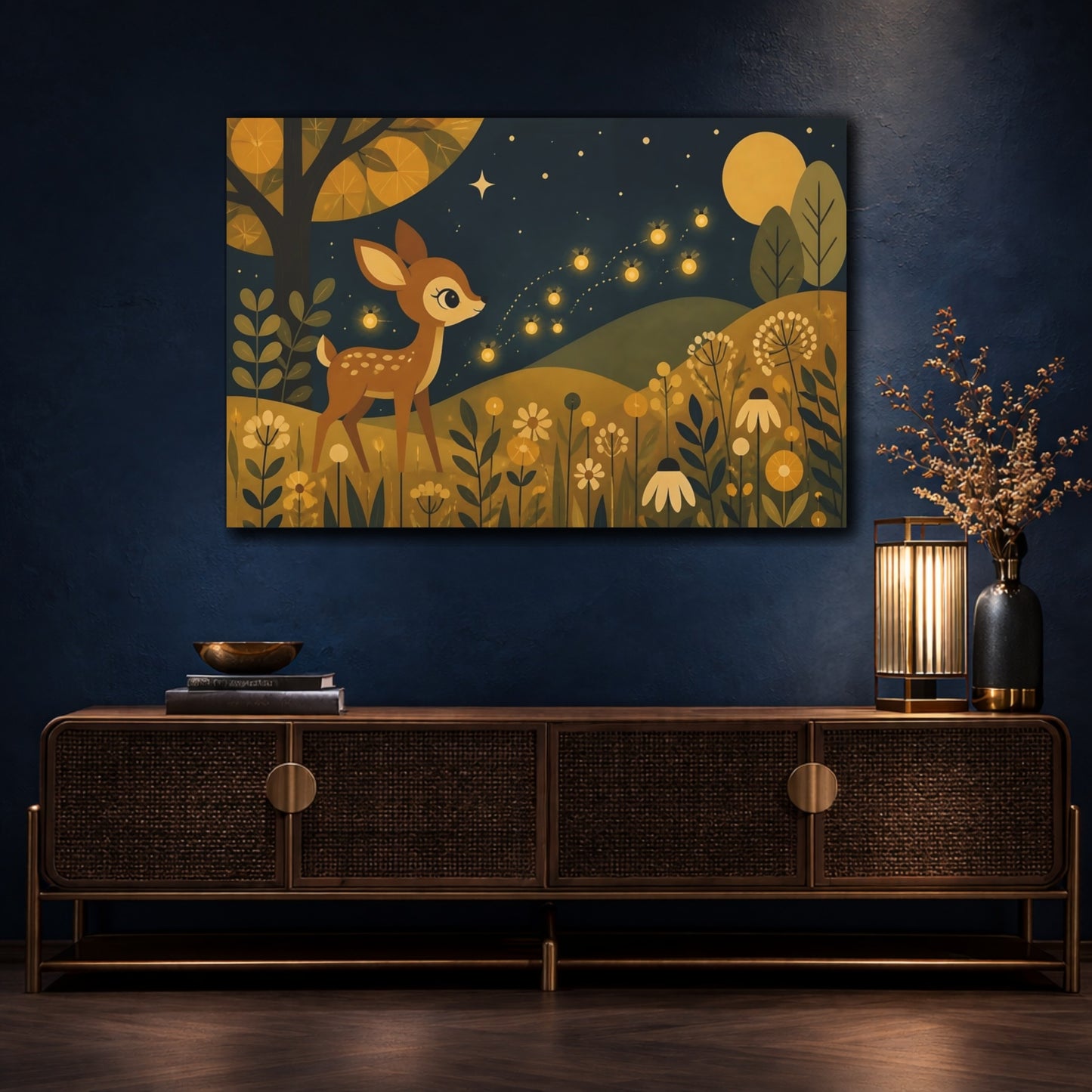 Mockup 4. Kids Room Fawn With Fireflies shown as canvas print