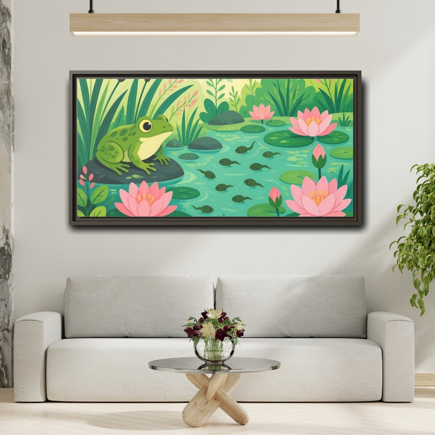 Mockup 2. Kids Room Frog Pond shown as framed canvas print