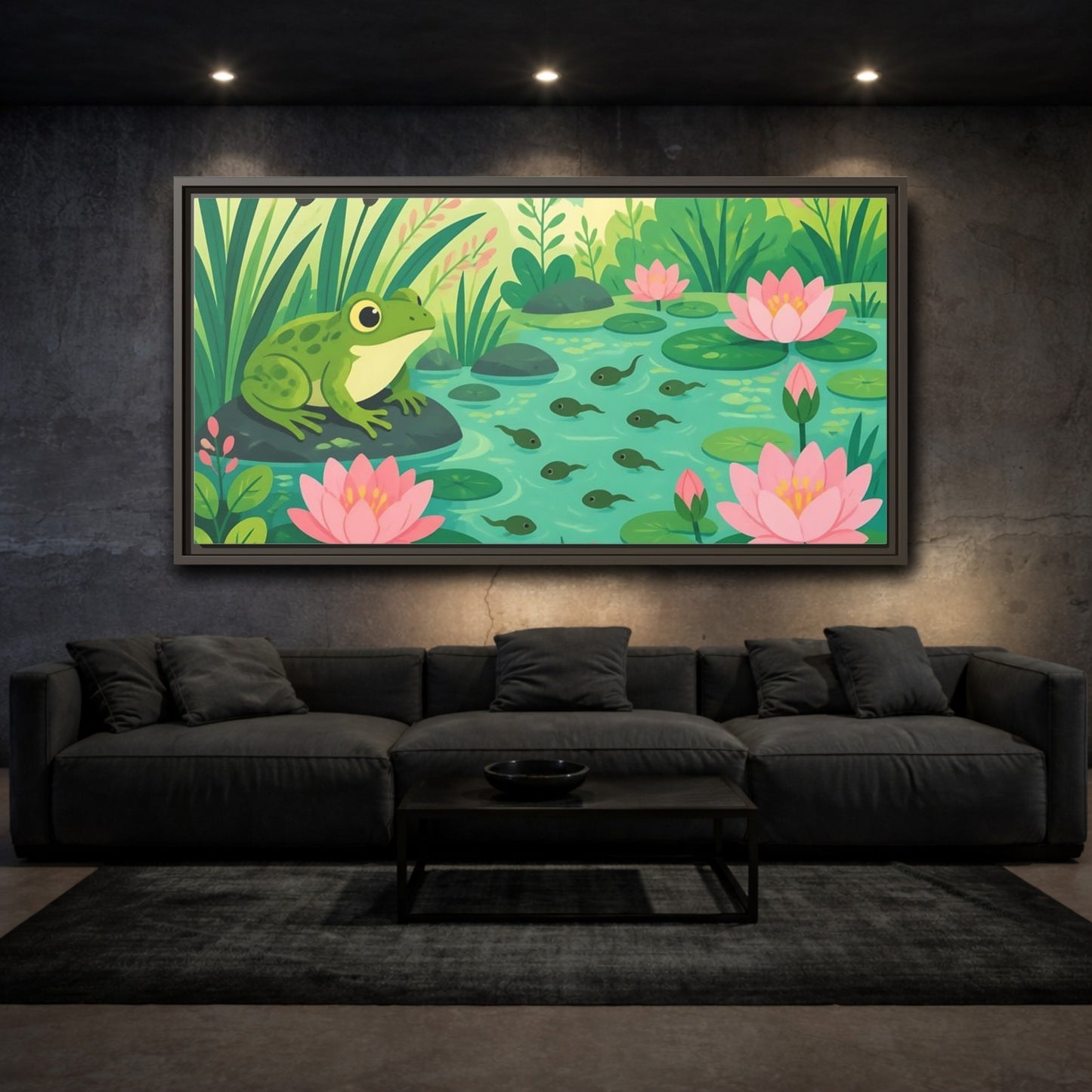 Mockup 3. Kids Room Frog Pond shown as framed canvas print