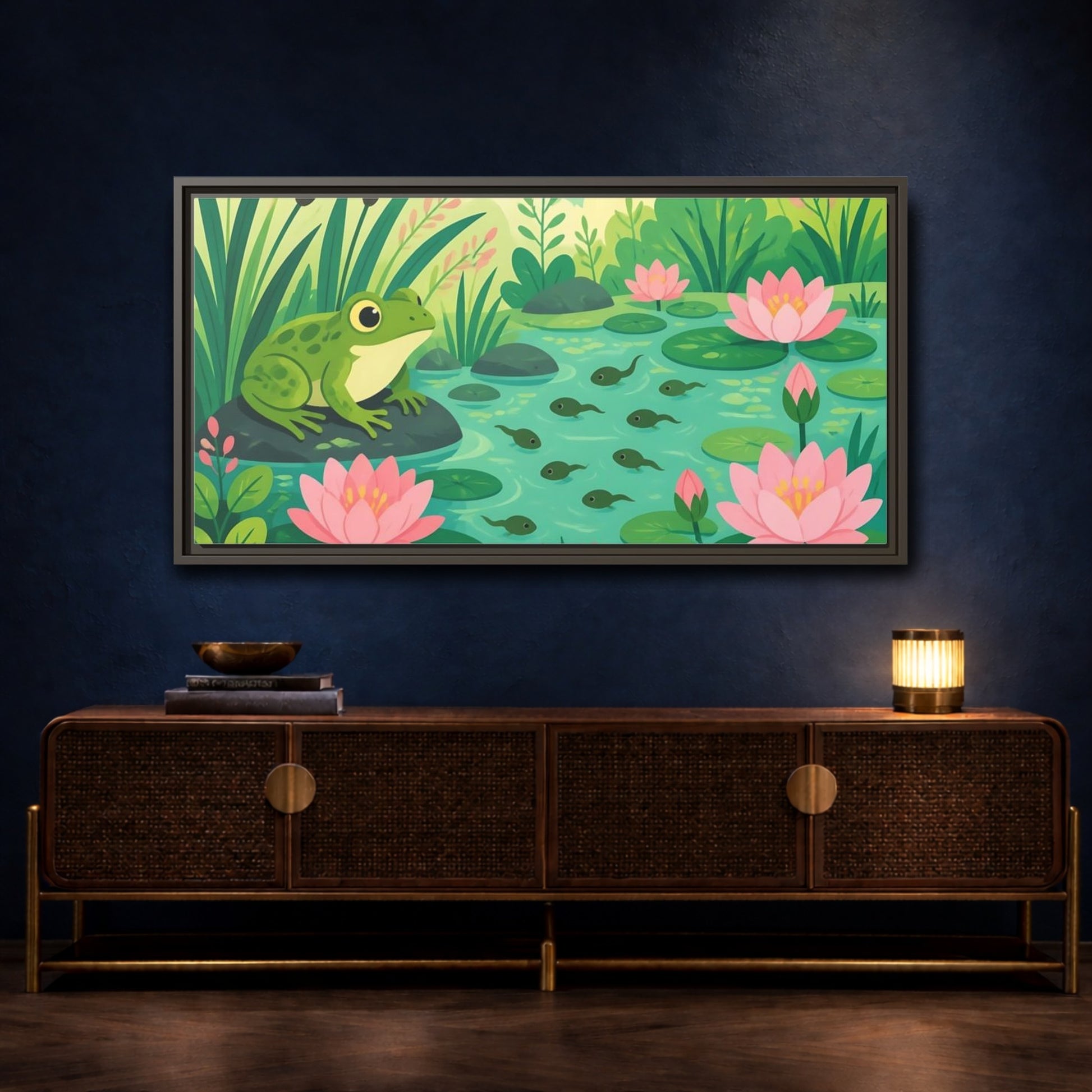 Mockup 4. Kids Room Frog Pond shown as framed canvas print