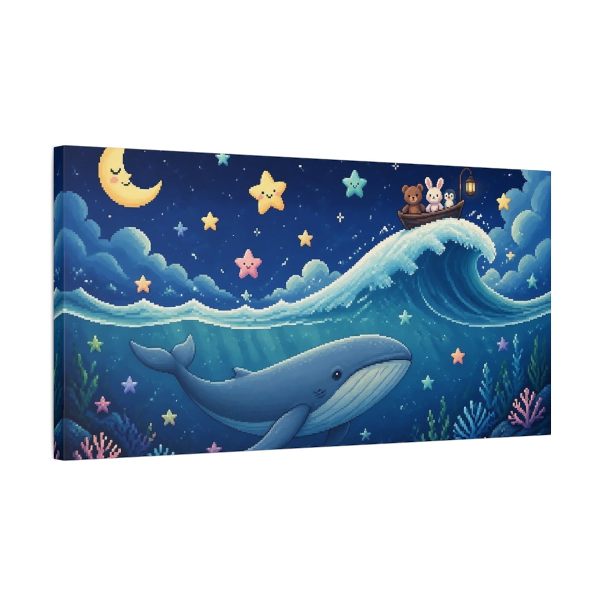 Side Mockup 1. Kids Room Pixel Whale shown as canvas print