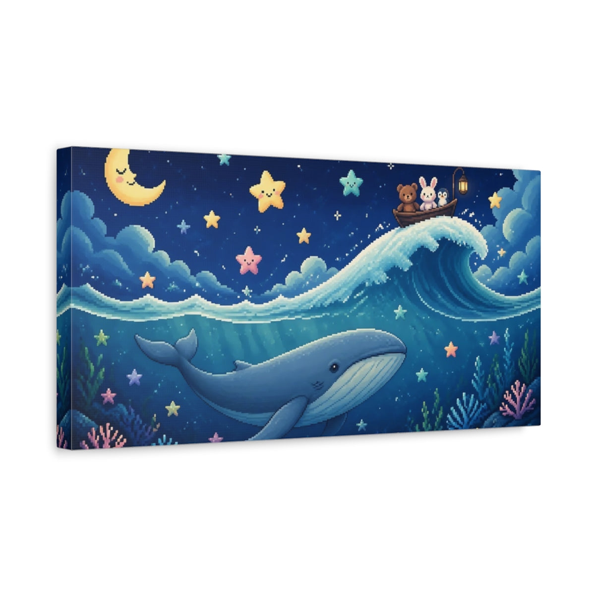 Side Mockup 3. Kids Room Pixel Whale shown as canvas print