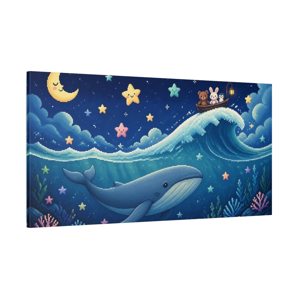 Side Mockup 2. Kids Room Pixel Whale shown as canvas print