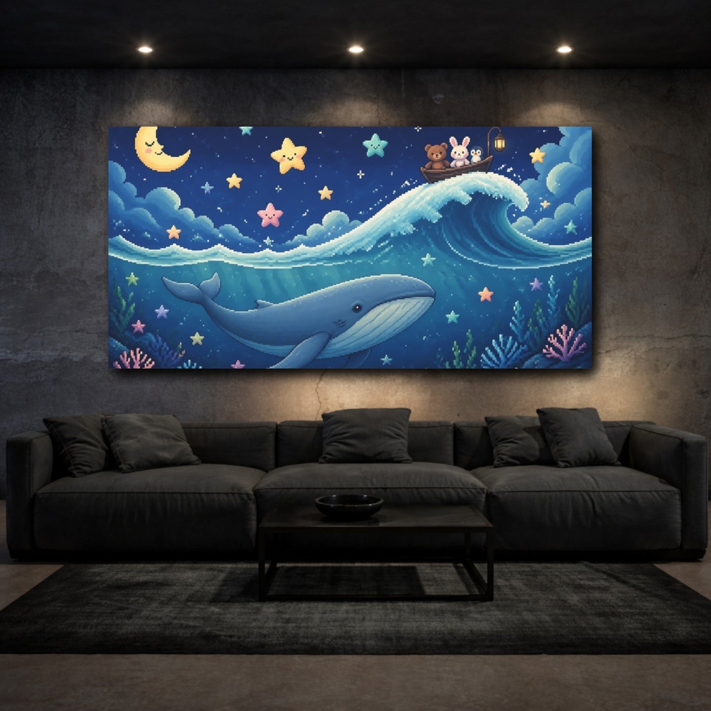 Mockup 3. Kids Room Pixel Whale shown as canvas print