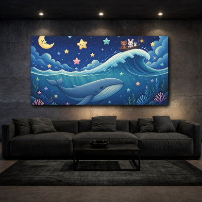 Mockup 3. Kids Room Pixel Whale shown as canvas print