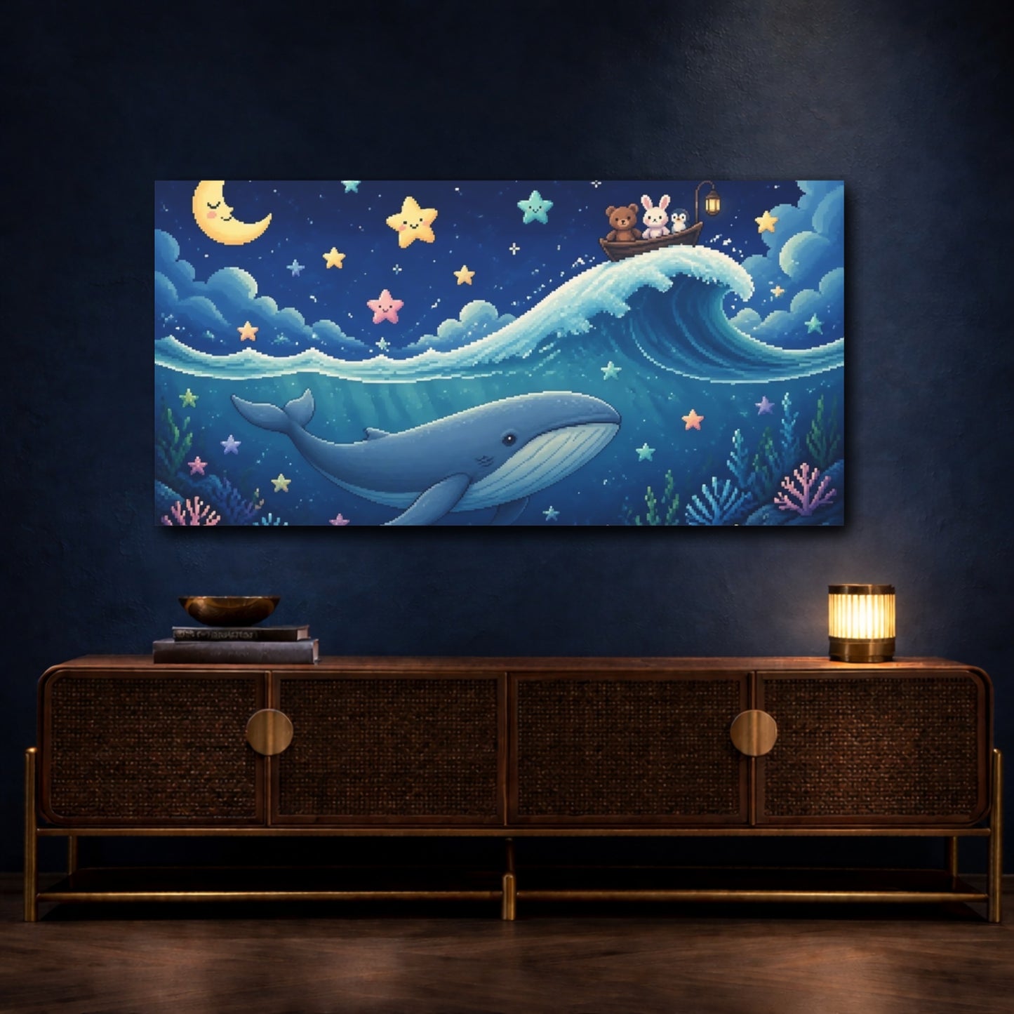 Mockup 4. Kids Room Pixel Whale shown as canvas print