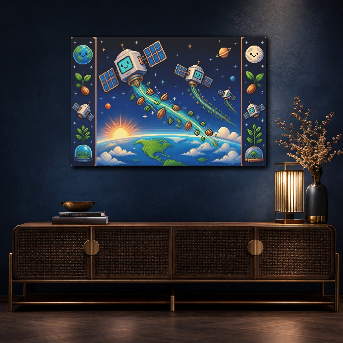 Mockup 4. Kids Room Satellite Adventure shown as canvas print