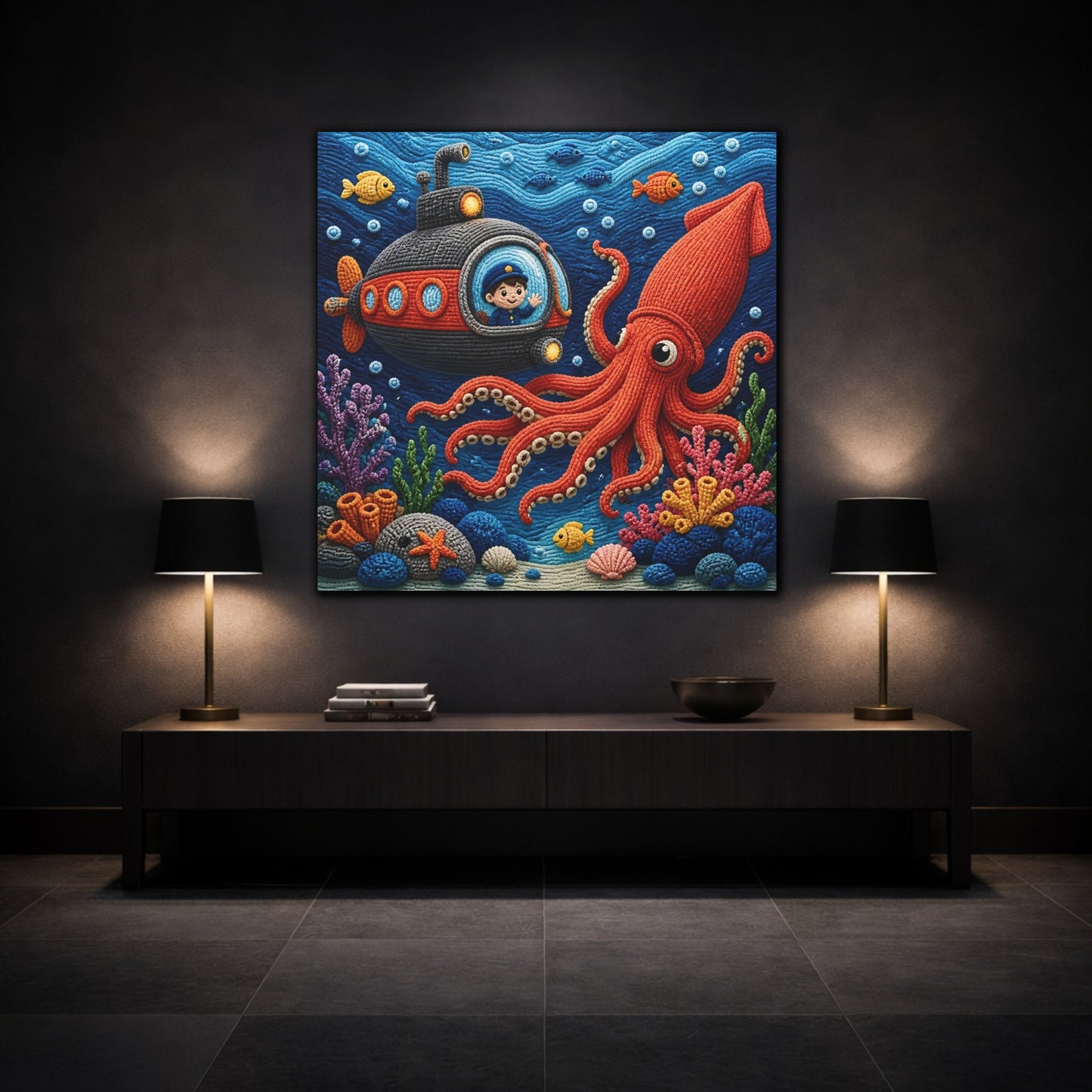 Mockup 3. Kids Room Squid Adventure shown as canvas print