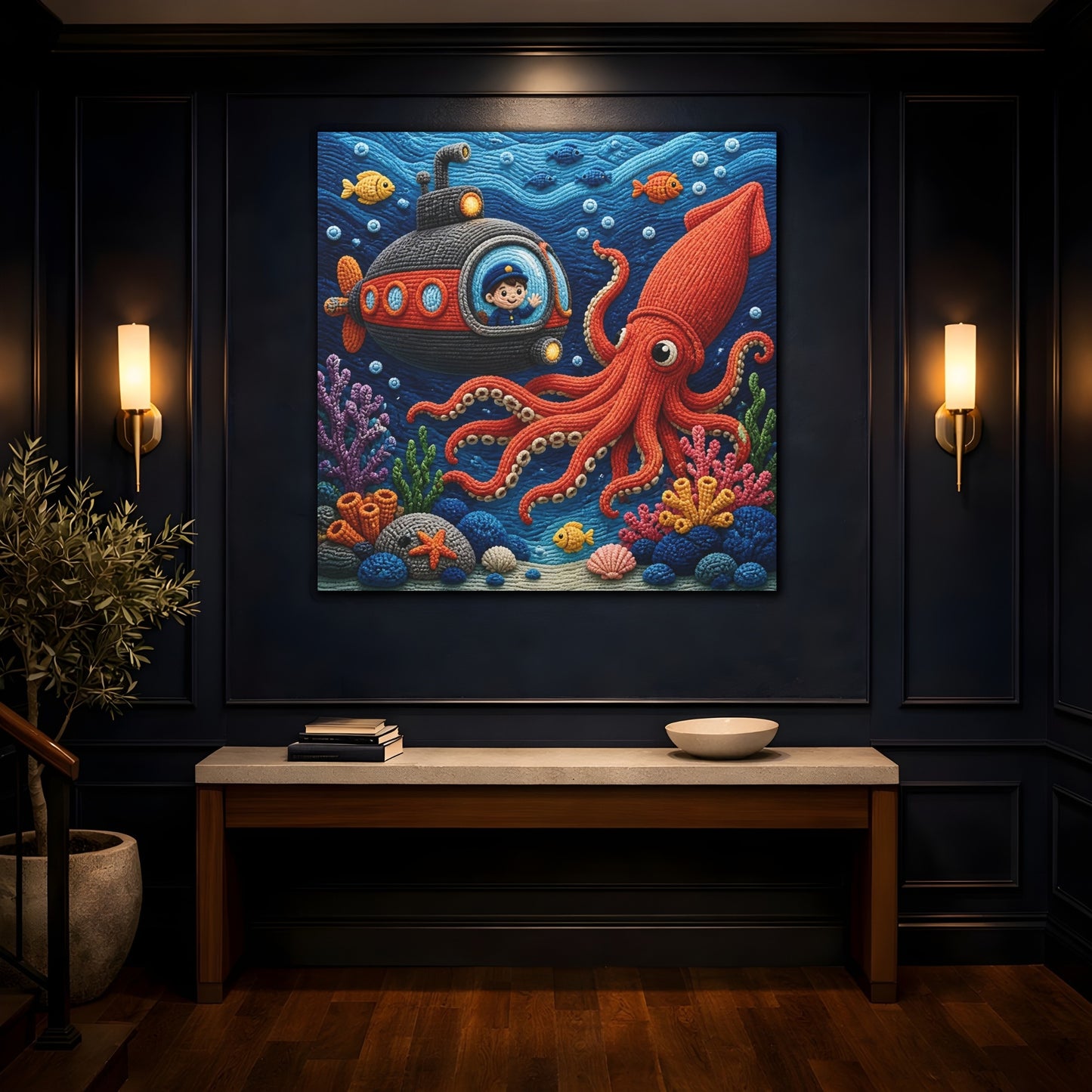 Mockup 4. Kids Room Squid Adventure shown as canvas print