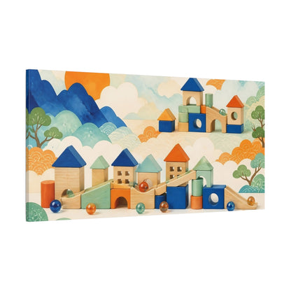Side Mockup 2. Kids Room Wooden Village shown as canvas print